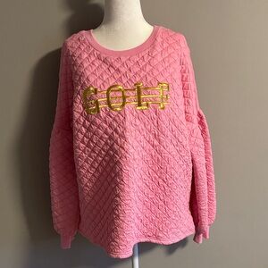 Judith March Pink Quilted Sweater with Gold Lettering